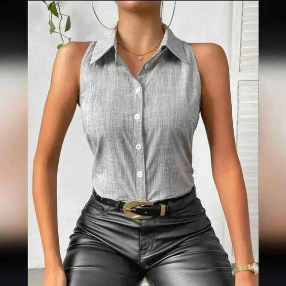 Women's  Lapel Collar Sleeveless Grey Blouse size Large - Picture 4 of 4
